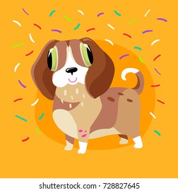 Vector illustration with cute dog and confetti isolated on a yellow background. Holiday card with funny cartoon character - the symbol of 2018. Concept for design t-shirt print, poster, stickers