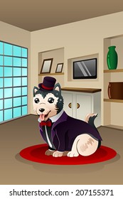 A vector illustration of cute dog dressed up in a fancy outfit at a home environment