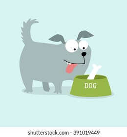 Vector illustration of a cute dog. Dog eats. Hungry Puppy. Pug. It can be used as a greeting card, poster.