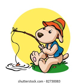 Vector illustration, cute dog fishing, card concept.