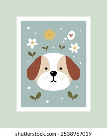 Vector Illustration of a Cute Dog with Flowers - Ideal for Children's Decor and Greeting Cards