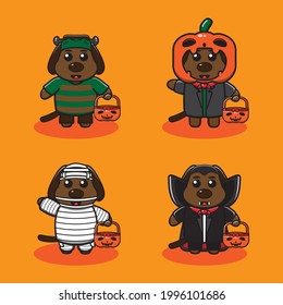 Vector illustration of cute Dog Halloween cartoon. Frankenstein, Pumpkin, Mummy and Dracula costume set. Good for icon, logo, label, sticker, clipart.