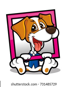 Vector illustration of cute dog holding a pink frame - vector character