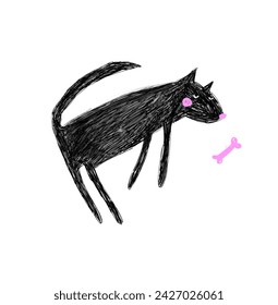 Vector Illustration of a Cute Dog. Infantile Style Hand Drawn Black Dog and Pink Bone. Childish Drawing-like Print of Black Sleeping Dog Isolated on a White Background. Nursery Doodle Art. RGB.