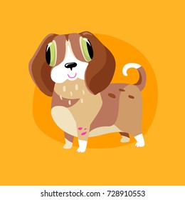 Vector illustration with cute dog isolated on a yellow background. Card with funny cartoon character - the symbol of 2018. Concept for design t-shirt print, poster, stickers