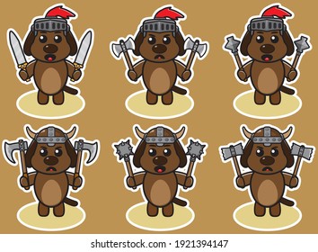 Vector illustration of cute Dog Knight cartoon with Dual weapon. Cute Dog expression character design bundle. Good for icon, logo, label, sticker, clipart.