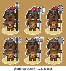 Imagen vectorial de la tira cómica del Perro Knight con arma de dos manos. Conjunto de diseño de caracteres de expresión de perro mate. Es bueno para el icono, logotipo, etiqueta, pegatina, clipart.