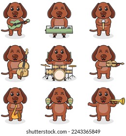 Vector Illustration of Cute Dog playing music instruments. Set of cute Dog characters. Cartoon animal play music. Animals musicians.