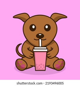 Vector illustration of cute dog premium drinking boba