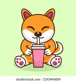 Vector illustration of cute dog premium drinking boba