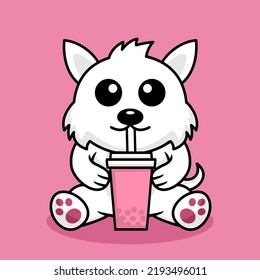 Vector illustration of cute dog premium drinking boba