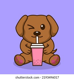 Vector illustration of cute dog premium drinking boba