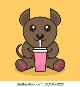 Vector illustration of cute dog premium drinking boba