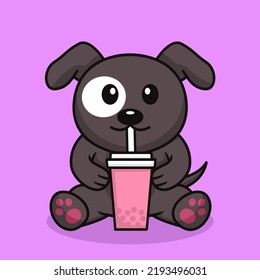 Vector illustration of cute dog premium drinking boba