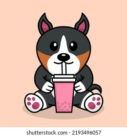 Vector illustration of cute dog premium drinking boba