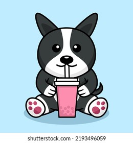 Vector illustration of cute dog premium drinking boba