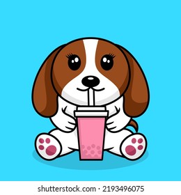 Vector illustration of cute dog premium drinking boba