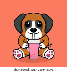 Vector illustration of cute dog premium drinking boba