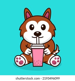 Vector illustration of cute dog premium drinking boba
