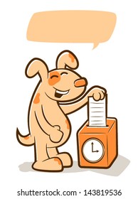 Vector Illustration of a  cute dog putting a time card in a timeclock/Working like a dog