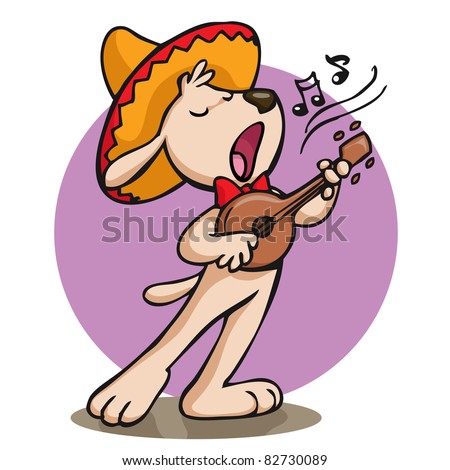 Vector illustration, cute dog singing serenade, card concept.
