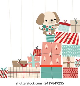 Vector illustration of a cute dog standing on boxes with gifts. Merry Christmas. Happy New Year. Advent calendar. 