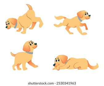 vector illustration of a cute dog in various poses, set of various little dogs. white background.