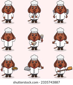 Vector Illustration of Cute Dog wearing chef uniform. Flat Cartoon Style. Set of Cute Animal Characters in Chef Uniform. Vector illustration in isolated background