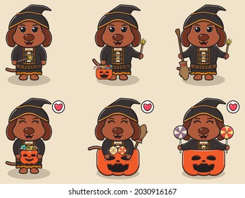 Vector illustration of cute Dog with Witch costume. Dog character vector design. Good for label, sticker, clipart.