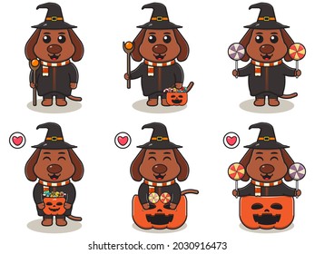 Vector illustration of cute Dog with Wizard costume. Dog character vector design. Good for label, sticker, clipart.