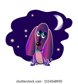 Vector illustration of a cute doggie on the background of the night sky, month and stars.