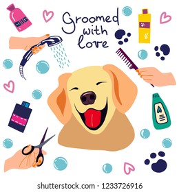 Vector illustration of cute dogs in the bath with foam and shampoos and handwritten phrase Groomed with love. Hand drawn pet care illustration