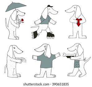Vector illustration of cute dogs . Cartoon vector handdrawn illsutration. Isolated on white background. Family recreation illustration. Sad dog, cooking dog, dog with heart, dog in love, working dog.