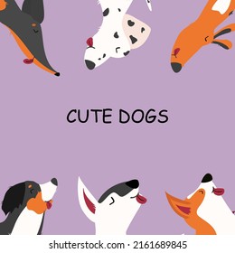 Vector illustration of cute dogs. Dogs of different breeds: Corgi, Dachshund, Dalmatian, Bull Terrier, Bernese Mountain Dog. Funny dogs showing tongue. Isolated lilac background.