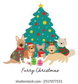 Vector illustration of cute dogs of different breeds in holiday outfits under a Christmas tree.