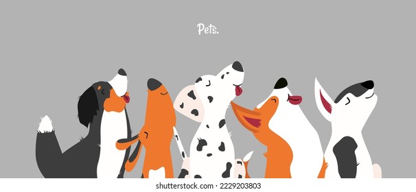 Vector illustration of cute dogs in flats style. Popular dog breeds: Dalmatian, Corgi, Bull Terrier, Dachshund. Poster, banner for pet store, veterinary clinic. Stylish illustration with pets.