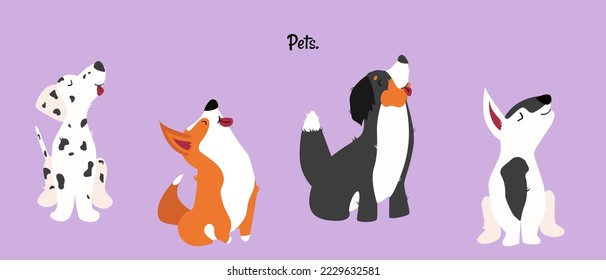 Vector illustration of cute dogs in flats style. Popular dog breeds: Dalmatian, Corgi, Bull Terrier, Dachshund. Poster, banner for pet store, veterinary clinic. Isolateted background.