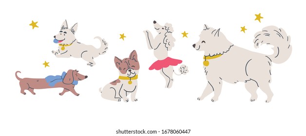 Vector illustration with cute dogs isolated on white: poodle, bulldog, dachshund, corgi, samoyed with stars. Horizontal postcard design, perfect for kids textile, nursery decor, fabric