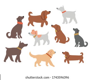 Vector illustration with cute dogs silhouettes isolated on white: jack russel, bulldog, dachshund, retriever, labrador. Horizontal postcard design, perfect for kids textile, nursery decor, fabric