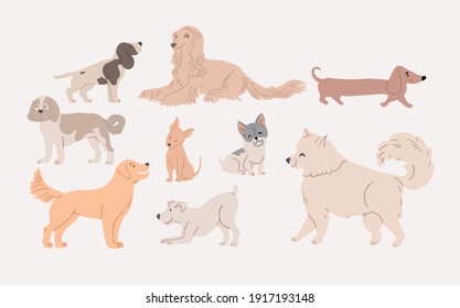 Vector illustration with cute dogs silhouettes isolated on white: jack russel, bulldog, dachshund, retriever, labrador. Horizontal postcard design, perfect for kids textile, nursery decor, fabric