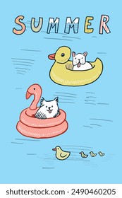 Vector illustration of a cute dogs swimming in inflatable ring.