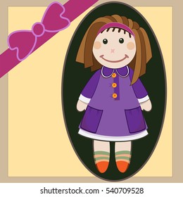 Vector illustration of cute doll in violet dress. Present or gift for children girl in the box. Textile doll for holiday, birthday. 