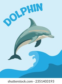 Vector illustration of a cute dolphin. Media for children's learning about animals. Educational media about the animal world