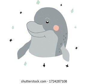 Vector illustration of a cute dolphin. Dolphin minimalist art for baby shower, birthday, children's design. 