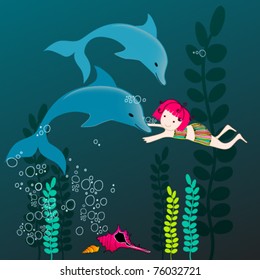 Vector illustration of a cute dolphins swimming in the ocean with girl