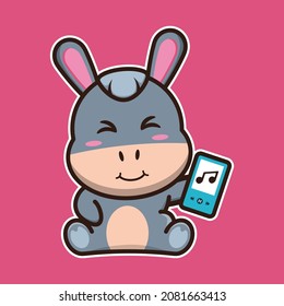 vector illustration of cute donkey holding smartphone, suitable for children's books, birthday cards, valentine's day.