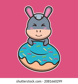 vector illustration of cute donkey hug donut, suitable for children's books, birthday cards, valentine's day.