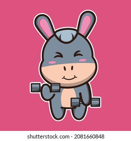 vector illustration of cute donkey lifting barbell, suitable for children's books, birthday cards, valentine's day.