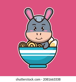 vector illustration of cute donkey in a noodle bowl, suitable for children's books, birthday cards, valentine's day.