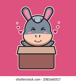 vector illustration of cute donkey out of the box, suitable for children's books, birthday cards, valentine's day.